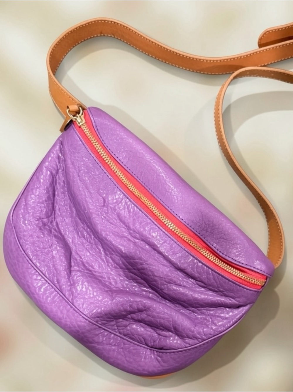 Rare Clave V Purple Leather Crossbody Bag with Tan Strap and Coral Zipper